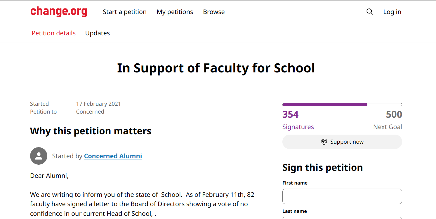  /></figure>
<p>To all of you distinguished alumni,</p>
<p>We are writing to provide you an update on the school’s present situation. A letter addressed to the Board of Directors has been signed by 82 faculty members as of February 11th, indicating a clear vote of no confidence in the current Head of School.</p>
<p>The letter that follows outlines the concerns that the faculty has expressed about its head of school.</p>
<p>In order to show the value of teachers’ ideas, the need for safe workplaces, and the impact of their behavior on <a href=