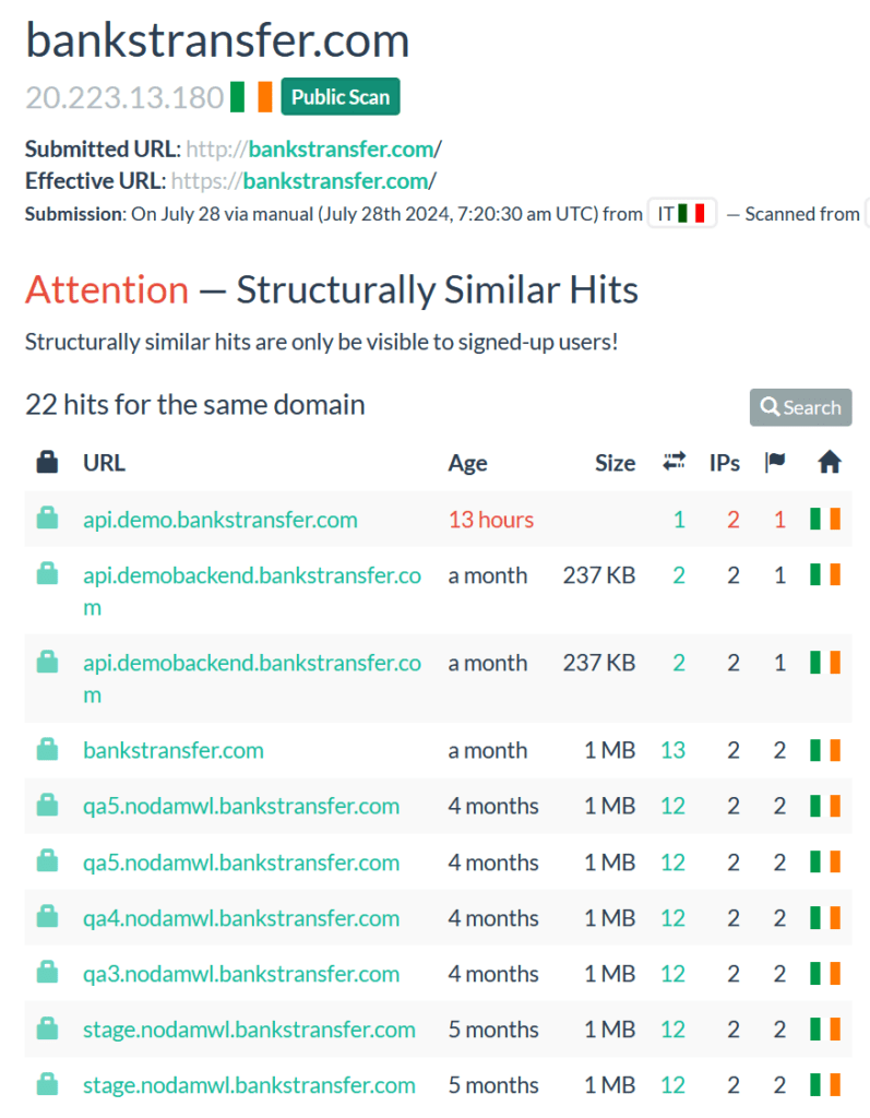 Urlscan analysis of the domain bankstransfer.com managed by Naudapay