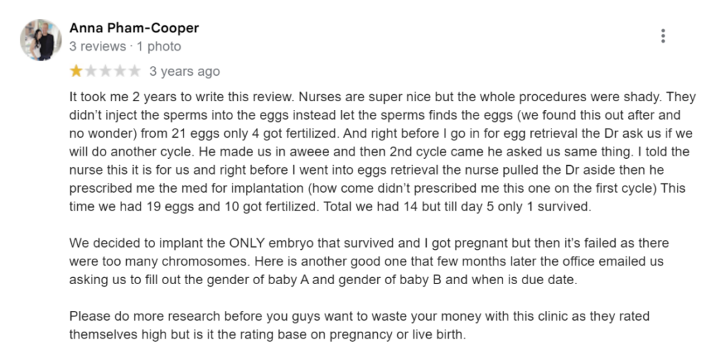 Negative review by the patient of poma fertility