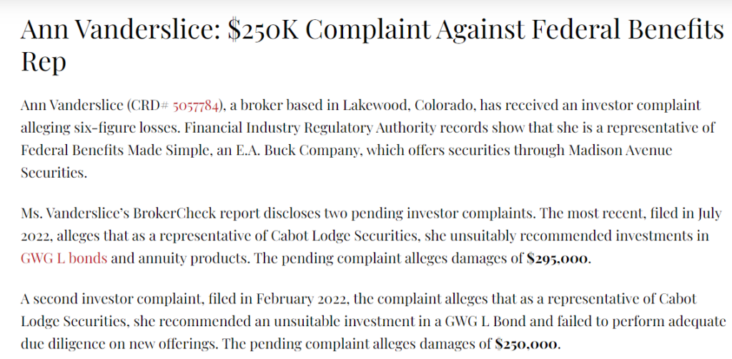 Investors Complaints against ann vanderslice