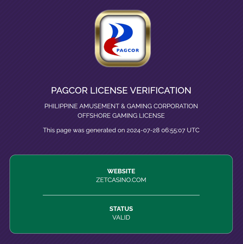 Zet Casino license in the Philippines