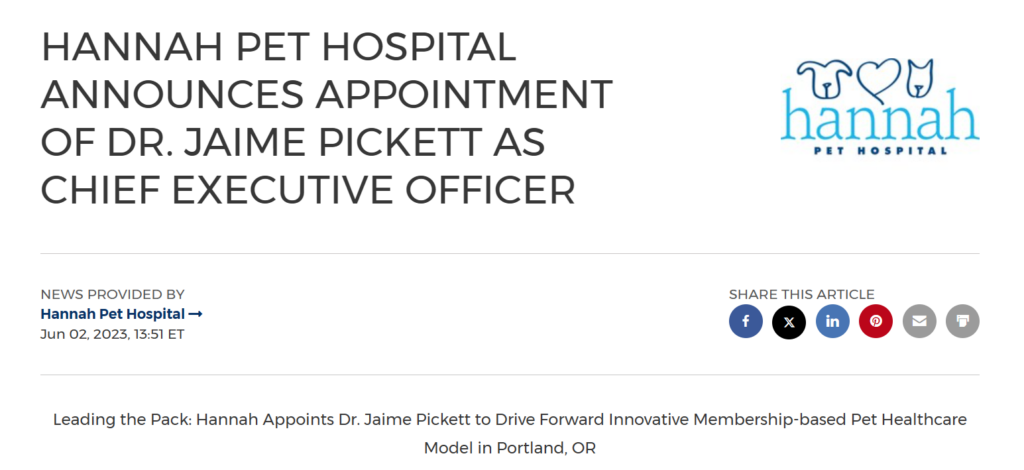 Hannah Pet Hospital PR about Dr. Jaime Pickett's appointment