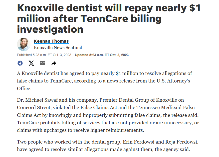 Dr. Michael Sawaf, a Knoxville dentist, has agreed to pay nearly $1 million to resolve allegations of fraudulent TennCare billing. The investigation revealed that his practice, Premier Dental Group, submitted false claims for services provided by uncredentialed dentists but misidentified credentialed dentists as the providers. This settlement, totaling $985,541, highlights the collaborative efforts of federal and state agencies to address healthcare fraud and protect taxpayer funds.